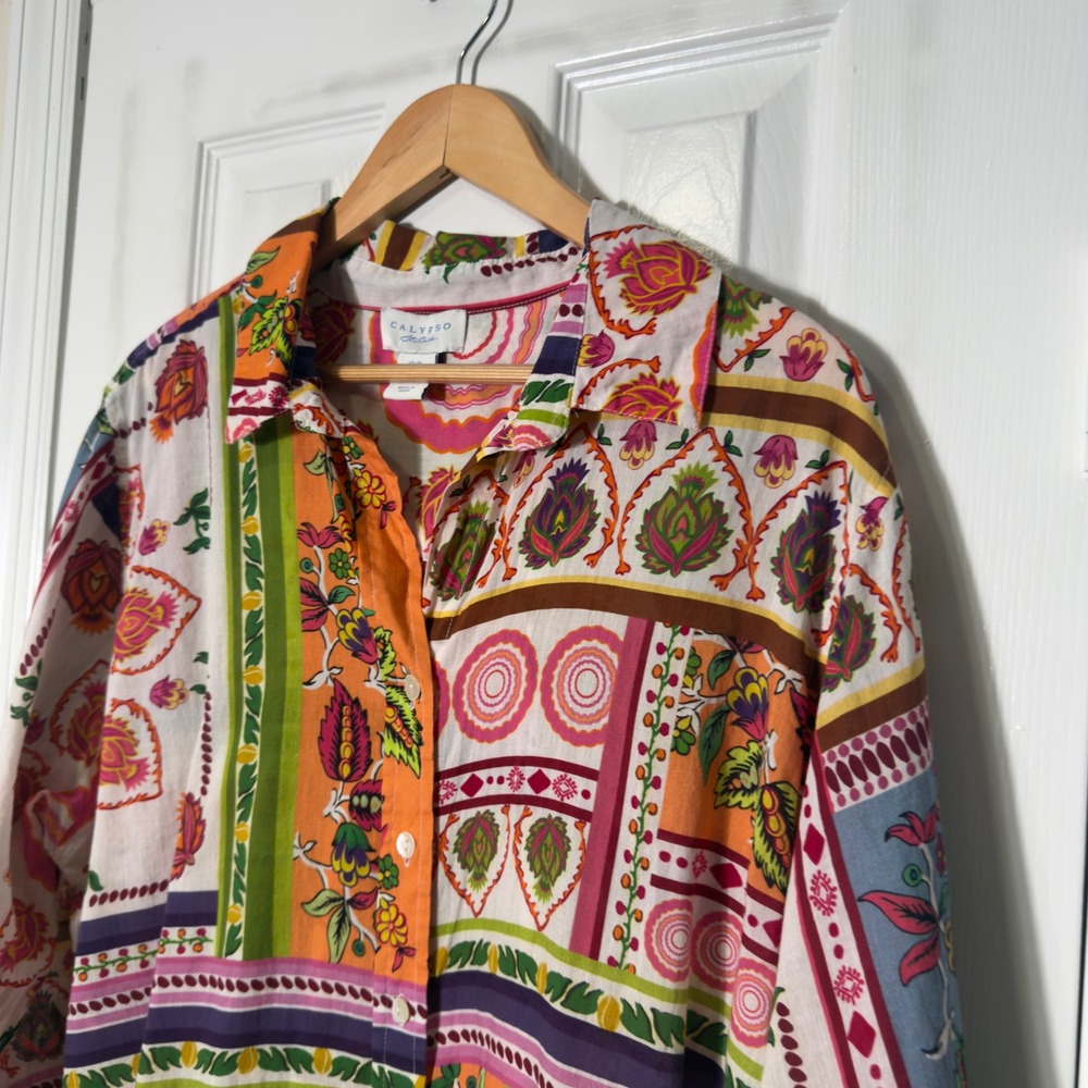 Calypso St. Barth Floral Patchwork Button Down Shirt Women's 2X Cotton Boho - Picture 2 of 7